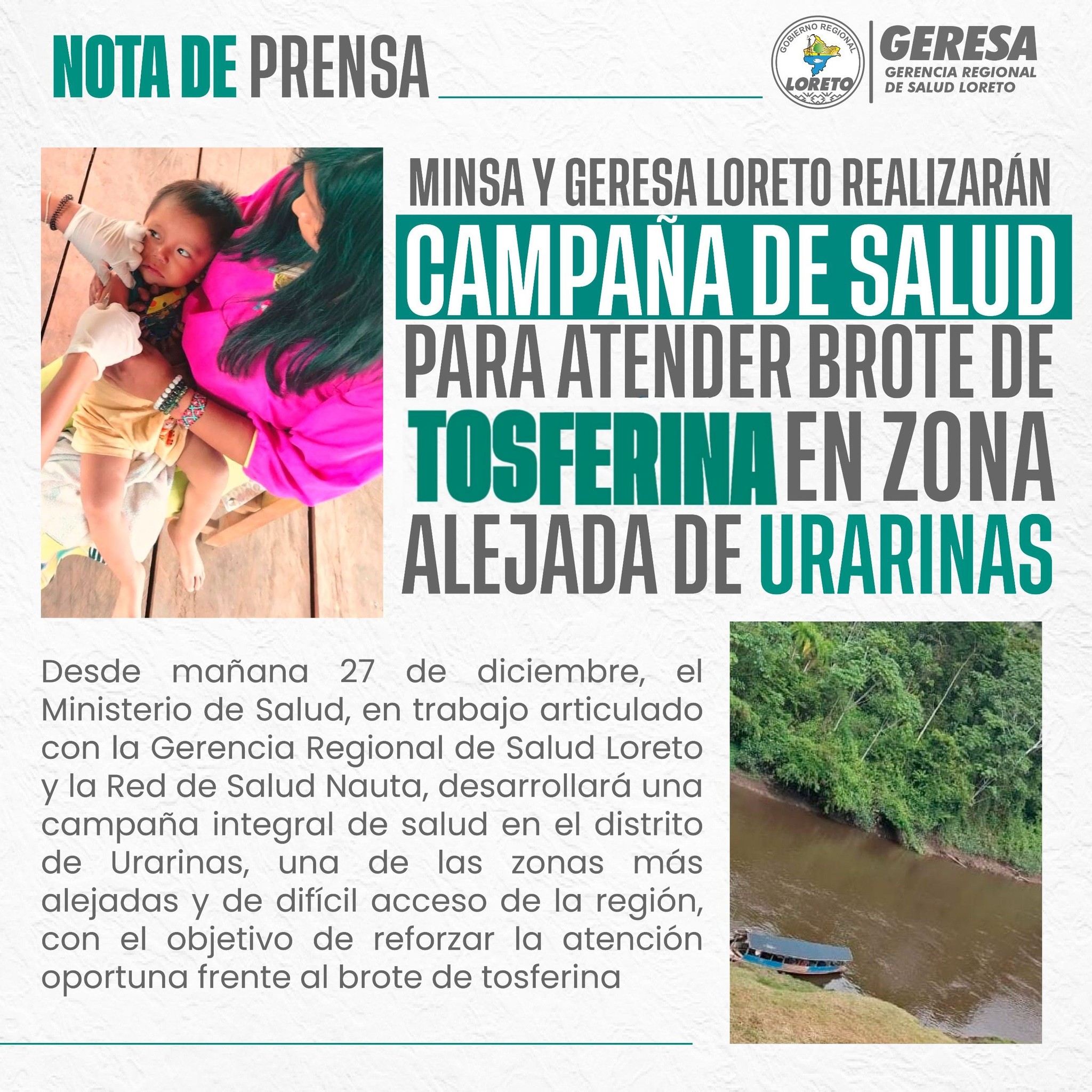 🔴MINSA Y GERESA LORETO REALIZARÁN CAMPAÑA DE SALUD PARA ATENDER BROTE DE TOSFERINA EN ZONA ALEJADA DE URARINAS