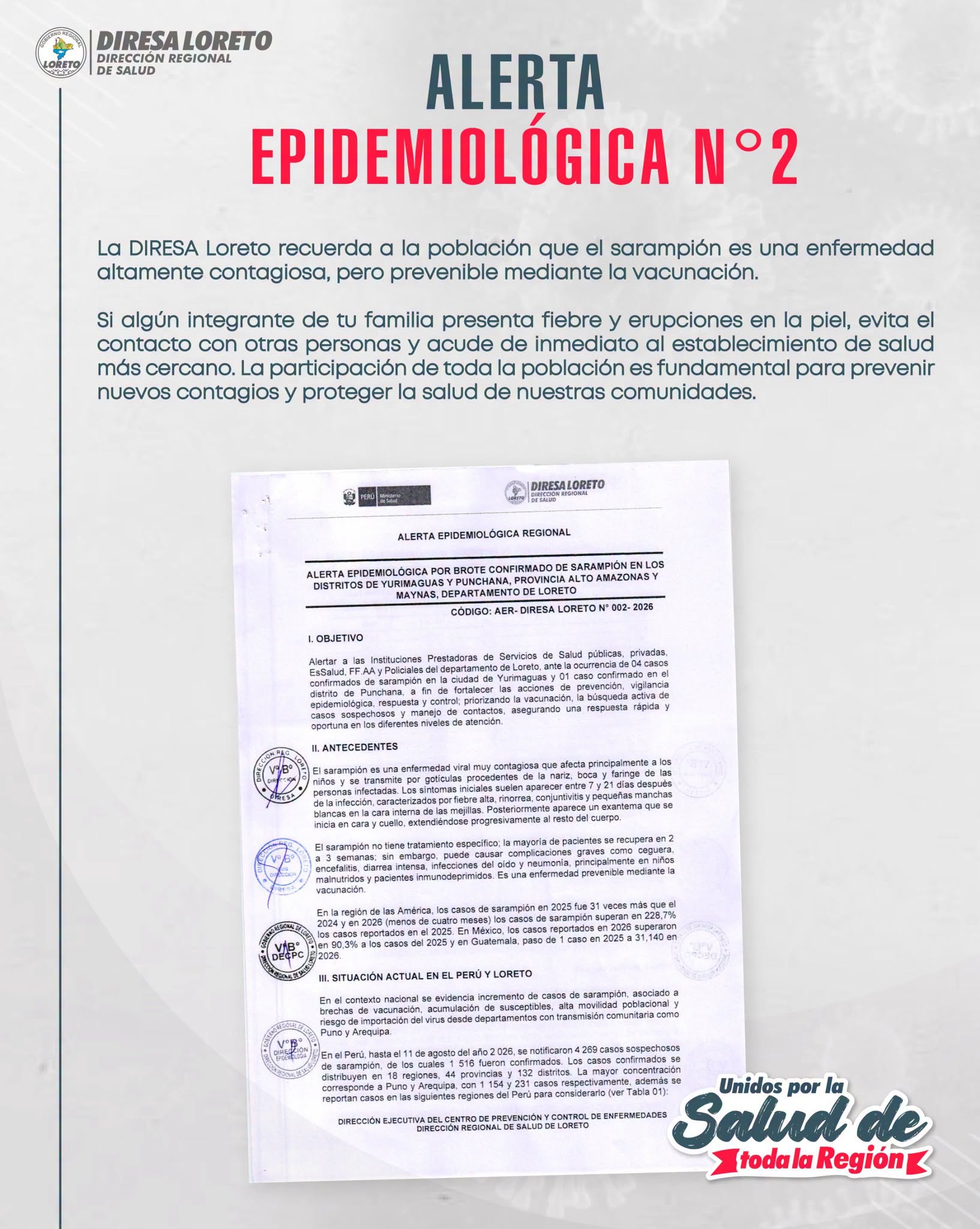 📣 La Dirección Regional de Salud de Loreto emite una "Alerta Epidemiológica" ante nuevos casos confirmados de sarampión en Yurimaguas y Punchana.